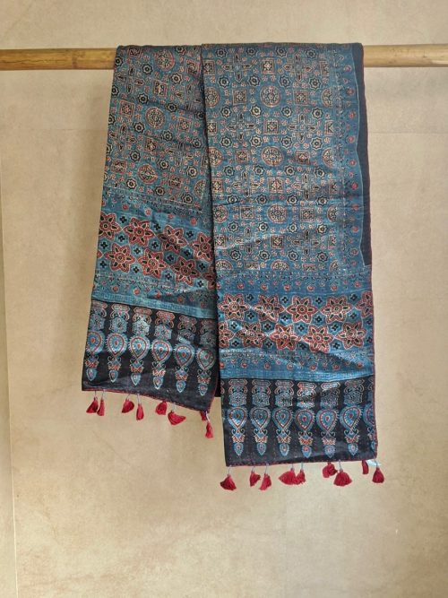 Ajrakh Blue Printed Modal Silk Top Cowl Neck