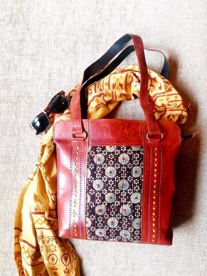 Ajrakh Leather Handmade Bag