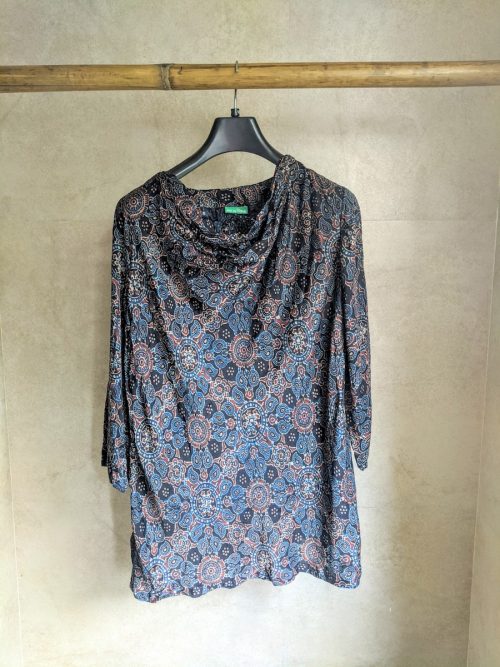 Ajrakh Blue Printed Modal Silk Top Cowl Neck