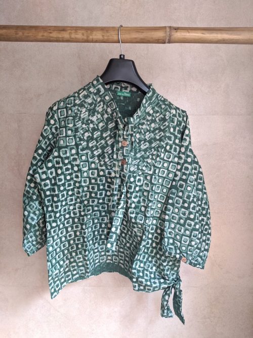 Handblock Printed Cotton Top (Green) Bow Neck