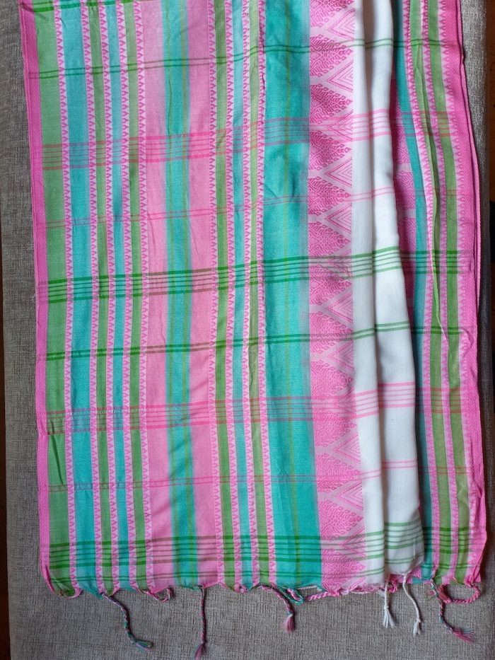 Handloom Cotton Saree White with Pink & Green Border