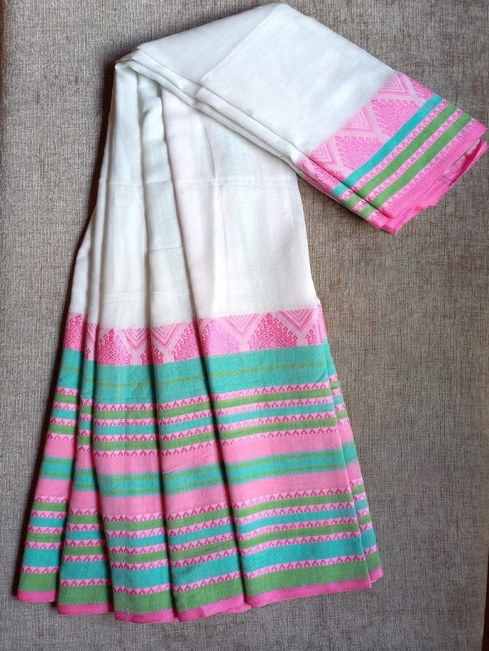 Handloom Cotton Saree White with Pink & Green Border