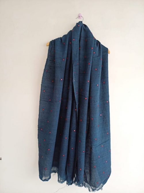 Handwoven Woolen Silk Shawl (Blue with Mirror work)