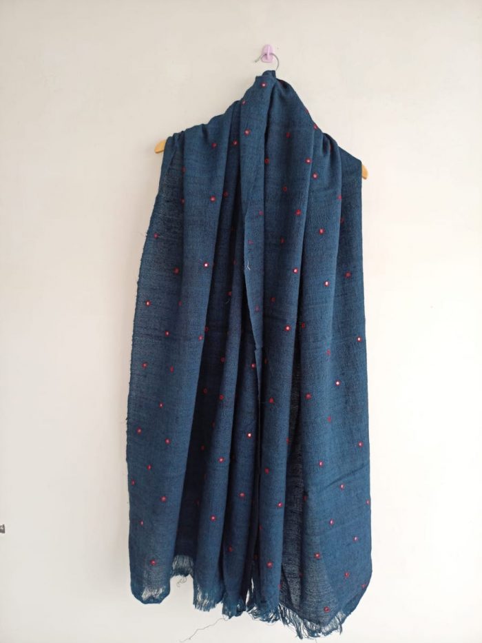 Handwoven Woolen Silk Shawl (Blue with Mirror work)