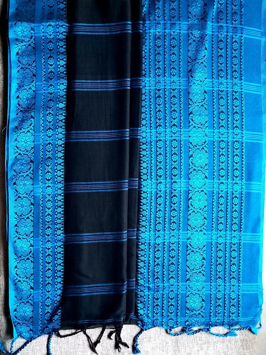 Buy Plain Black Kanjeevaram Silk Saree Online with Pink and Blue Border –  Pure Elegance