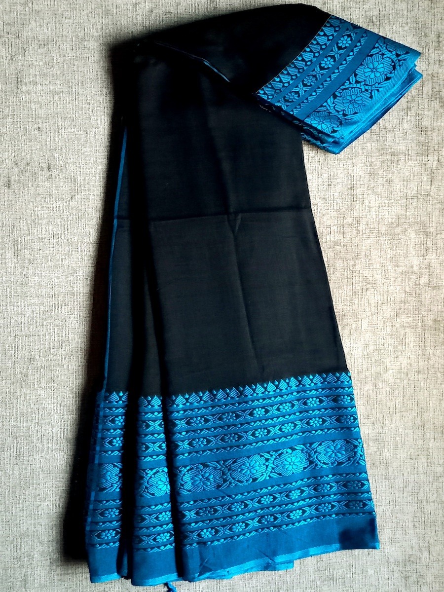 Buy Akhilam Black & Blue Festive Crepe Printed Saree with Unstitched Blouse  online